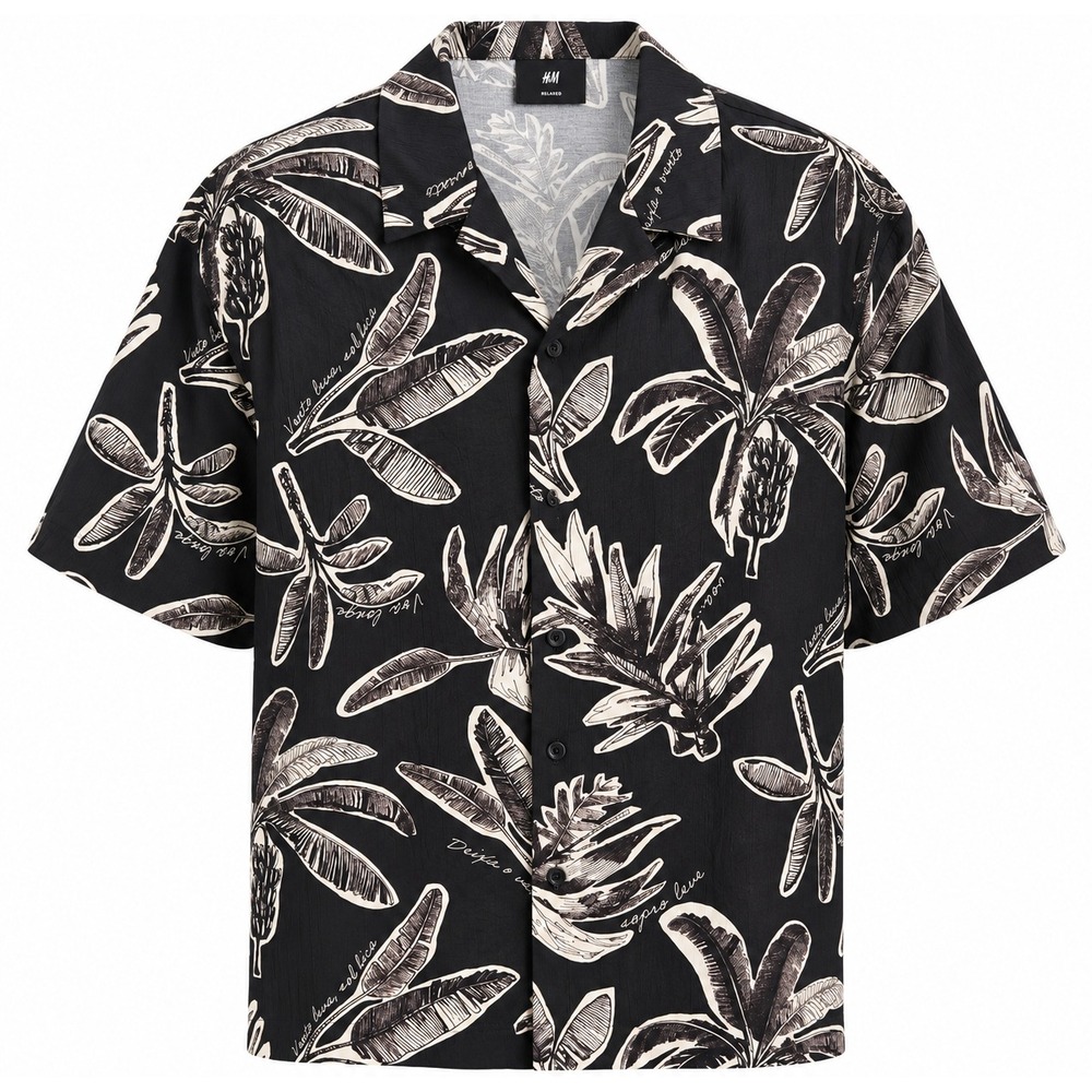 H&M Relaxed Fit Tropical Leaf Print Camp Collar Shirt Black White Small NWT